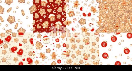 Christmas gingerbread vector seamless patterns set. Winter characters in cartoon style. Holiday design background. New year scandinavian style. Stock Vector