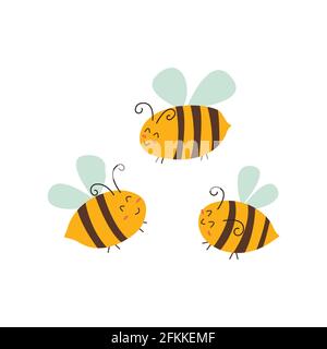 Cute happy honey bees smiles in flight. Vector colorful isolated hand drawn illustration Stock Vector