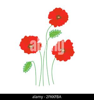 Poppies flowers. Three flowers and two buds. Colorful hand drawn vector isolated illustration Stock Vector