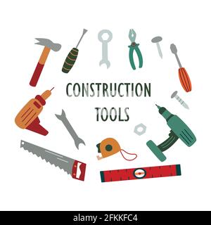 Construction tools. Building tools. Set of tools for work and repair. Colorful vector illustration isolated hand drawn Stock Vector