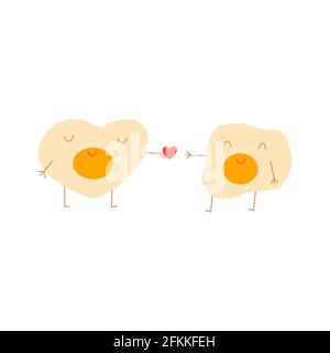 Heart-shaped scrambled eggs confess their love to another scrambled eggs. Boy and girl. Feelings. Valentines day. Colorful vector isolated hand drawn Stock Vector