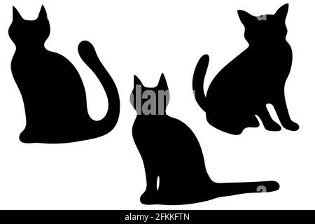 Set of black silhouettes of cat in different poses isolated on white background. Vector flat illustration. Stock Vector