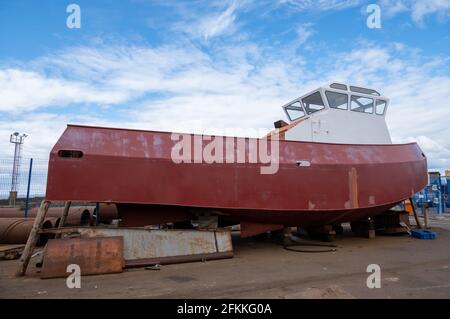 Troon, Scotland, UK. 2nd May, 2021. UK Weather: A boat in dry dock. Credit: Skully/Alamy Live News Stock Photo