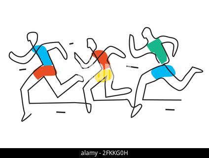 Jogging,running race cartoon. Illustration of three funny runners with continuous line drawing design. Vector available. Stock Vector