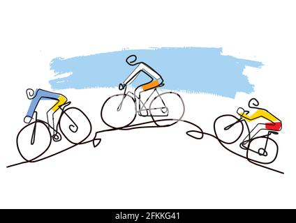 Mountain bike cyclists, line art stylized cartoon. Illustration of three cyclists on a hill. Isolated on white background. Vector available Stock Vector