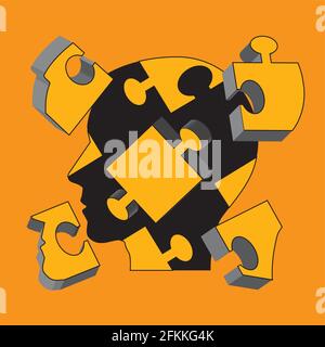 Man, head with puzzle, mental health concept. Stylized male head silhouette with flying yellow 3d pieces of puzzle, symbolizing logical solution. Stock Vector