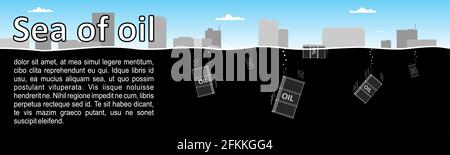 Sea of oil, oil crisis; overproduction, falling demand, prices, quotations; crowded storages; problems with oil storage. Web banner, logo header. Mode Stock Vector