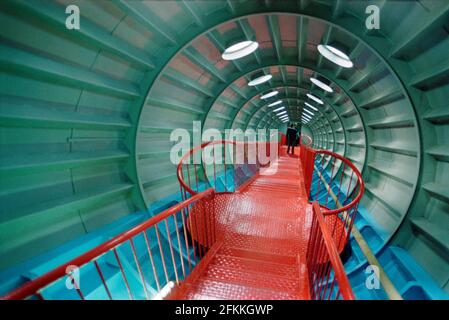 staircase inside Atomium, April 1990, Brussels, Belgium Stock Photo