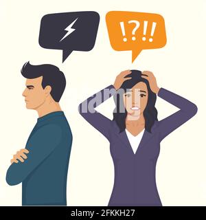 angry couple fight, parents divorce, man and woman conflict, wife and husband relationship, vector illustration Stock Vector