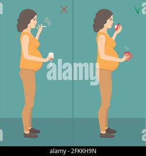 vector illustration of bad mother, prehnant woman smoking cigarette and drinking alcohol. healthy prehnancy lifestyle Stock Vector