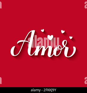 Amor calligraphy hand lettering on red background. Love inscription in Spanish. Valentines day typography poster. Vector template for banner, postcard Stock Vector