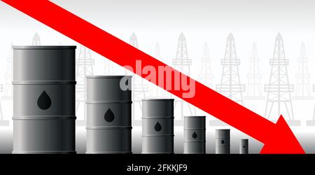 Oil crisis vector concept. Decrease in production volumes, drop in oil and fuel prices. The red arrow of the graph on the background of the barrel goe Stock Vector