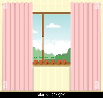 Vector image of a window with curtains in the living room. Seedlings or houseplants in pots on a windowsill. View from the window to the park, trees, Stock Vector