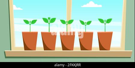 Seedlings in pots are standing on the windowsill. Young plants with leaves, window, sky, clouds. Modern flat vector image. Stock Vector