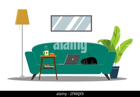 Vector comfortable sofa on a white background. Isolated green or blue couch in the interior. Work from home; laptop on the couch, coffee table, home w Stock Vector