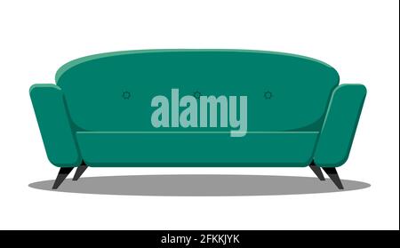 Vector comfortable sofa on white background. Isolated green or blue couch lounge in interior. Cartoon flat style vector illustration. Stock Vector