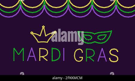 Mardi Gras lettering and mask made of colorful beads. Traditional carnival in New Orleans. Fat or Shrove Tuesday typography poster. Vector template fo Stock Vector