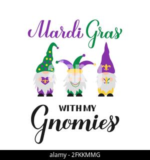 Mardi Gras calligraphy hand lettering with cute Nordic gnomes. Fat Tuesday traditional carnival in New Orleans. Vector template for banner, flyer, pos Stock Vector