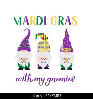 Mardi Gras hand lettering with cute Nordic gnomes. Fat Tuesday traditional carnival in New Orleans. Vector template for banner, flyer, poster, t shirt Stock Vector