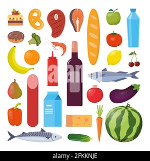 Grocery set. Milk, vegetables, meat, bread, cheese, sausages, wine fruits fish cereal juice Vector illustration flat design Stock Vector