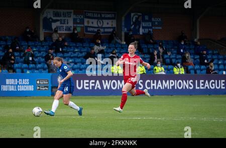 Kingston, UK. 02nd May, 2021. Fran Kirby of Chelsea Women scores the final goal making it 4-1 during the 2nd leg Semi Final of the UEFA Women's Champions League behind closed doors match between Chelsea Women and FC Bayern Munich women at the Kingsmeadow Stadium, Kingston, England on 2 May 2021. Photo by Andy Rowland. Credit: PRiME Media Images/Alamy Live News Stock Photo
