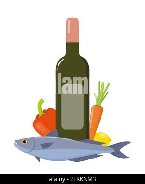 White wine and fish with vegetables. Set of products for dinner. Flat style vector illustration Stock Vector