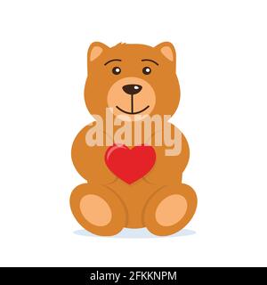 Cute Teddy bear holding big red heart in the paws. The concept of Valentine's Day. Flat vector illustration Stock Vector