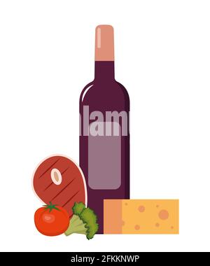 Red wine and grilled steak with vegetables. Set of products for dinner. Flat style vector illustration Stock Vector