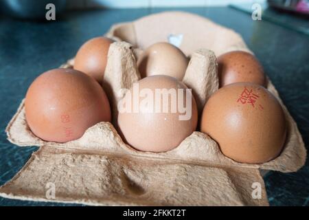 Close up of six eggs in a carton Stock Photo