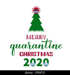 Merry Quarantine Christmas lettering with cute cartoon virus wearing mask. Winter holidays in coronavirus COVID-19 pandemic. Vector template for typog Stock Vector