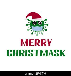 Quarantine Christmas. Merry Christmask lettering with cute cartoon virus wearing mask. Winter holidays in coronavirus COVID-19 pandemic. Vector templa Stock Vector
