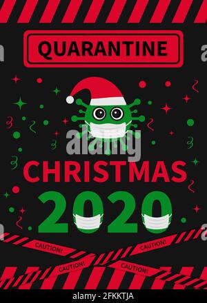 Quarantine Christmas lettering with cute cartoon virus wearing mask. Winter holidays in coronavirus COVID-19 pandemic. Vector template for typography Stock Vector
