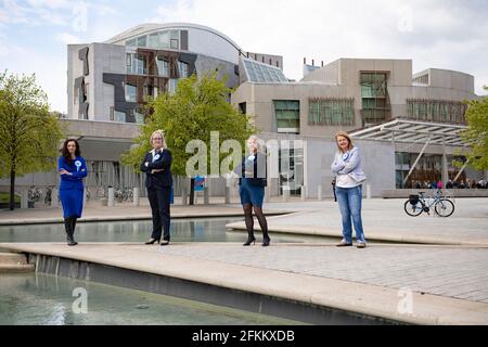 Edinburgh, Scotland, UK. 2nd May, 2021. PICTURED: Alba Part Lead Candidates (L-R) Tasmina Sheikh - Central Scotland Region; Cynthia Guthrie - South Scotland Region; Michelle Ferns - Glasgow Region; Eva Comrie - Mid Scotland and Fife Region. ALBA's Women candidates gather outside the Scottish Parliament for a socially distanced group photograph tomorrow to highlight the ALBA Women and Equalities policy. Credit: Colin Fisher/Alamy Live News Stock Photo