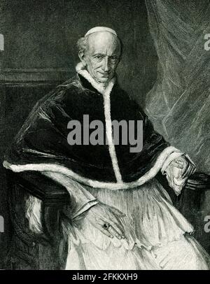 The 1896 caption reads: “ Pope Leo XIII engraved by T Johnson after photograph of painting by Lenbach in Munich.” Pope Leo III was the bishop of Rome and ruler of the Papal States from 26 December 795 to his death. Protected by Charlemagne from the supporters of his predecessor, Adrian I, Leo subsequently strengthened Charlemagne's position by crowning him emperor. Stock Photo