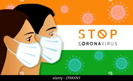 Stop Coronavirus, quarantine concept with men and women in medical mask on India flag. Time to vaccinate banner - vaccine for COVID-19, social distans Stock Vector