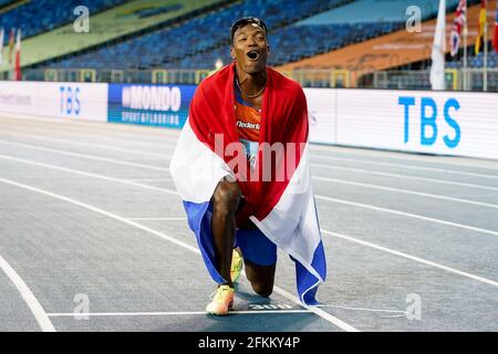 CHORZOW, POLAND - MAY 2: Liemarvin Bonevacia of The Netherlands celebrates winning the Mens 4x400 metres relay final during the World Athletics Relays Silesia21 at Silesian Stadium on May 2, 2021 in Chorzow, Poland (Photo by Andre Weening/Orange Pictures) Stock Photo