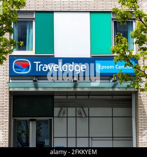 Epsom Surrey London UK, May 02 2021, Travelodge Hotel Chain Entrance And Sign, With No People Stock Photo