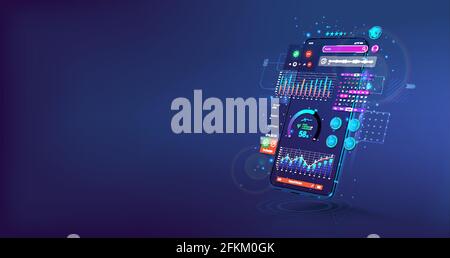 Mobile App with colored design. Creation of a mobile application. Mockup UI and presentation App. 3D realistic gadget with User Interface. UI, UX, KIT Stock Vector