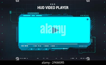 Hi-tech video player in HUD style. Blue digital mockup media player for app, ui, ux, web design and other. Futuristic Video Player template. Modern Stock Vector