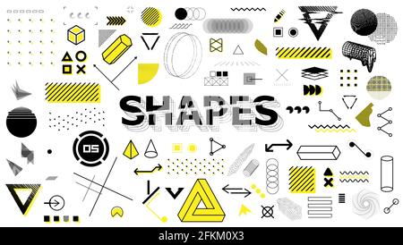 Geometric sign, shapes, elements in memphis style. Universal graphics design elements, trendy retrofuturism shapes in minimal style. Geometric shapes Stock Vector