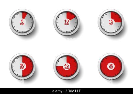 Realistic clocks with time intervals (5, 10, 15, 30, 45 and 60 minutes). Timer, clock, stopwatch - concept. Collection isolated on white background Stock Vector