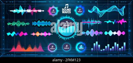 Modern Sound Waves - Equalizer. Futuristic waveforms, circle UI and UX bars, voice graph signal and music wave in futuristic HUD style. Microphone Stock Vector