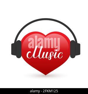 Music calligraphy hand lettering written on a red heart with headphones. Karaoke bar sign. Easy to edit vector template for Musical shop or record stu Stock Vector