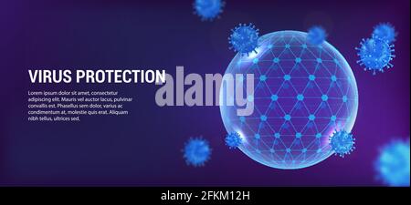 Protection virus, Round sphere bubble shield, reflects viral infection. Purple banner concept infection protection. 3D bubble shield template for your Stock Vector