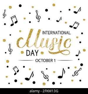 International Music Day gold glitter lettering with confetti isolated on white. Easy to edit vector template for typography poster, banner, flyer, etc Stock Vector
