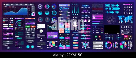 Neon elements for UI, UX, WEB design. Universal interface with Neon colors and elements with high detail. UI / UX / KIT template - buttons, switches Stock Vector