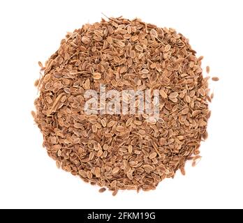 Dill seeds isolated on white background. Natural dry dill seeds. Anethum graveolens. Top view. Stock Photo
