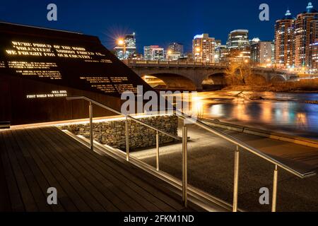 Calgary Alberta Canada, May 01 2021: Waterfront public gathering area along the Bow River and Memorial Drive in downtown Calgary. Stock Photo