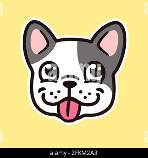 Funny cartoon French Bulldog puppy face sticking out tongue. Cute Frenchie dog drawing, vector illustration. Stock Vector