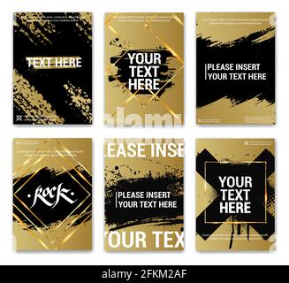 Golden posters with grunge, text and gold frames. Luxury collection with golden paintbrush for covers, posters, flyers, brochure, catalogue and other Stock Vector